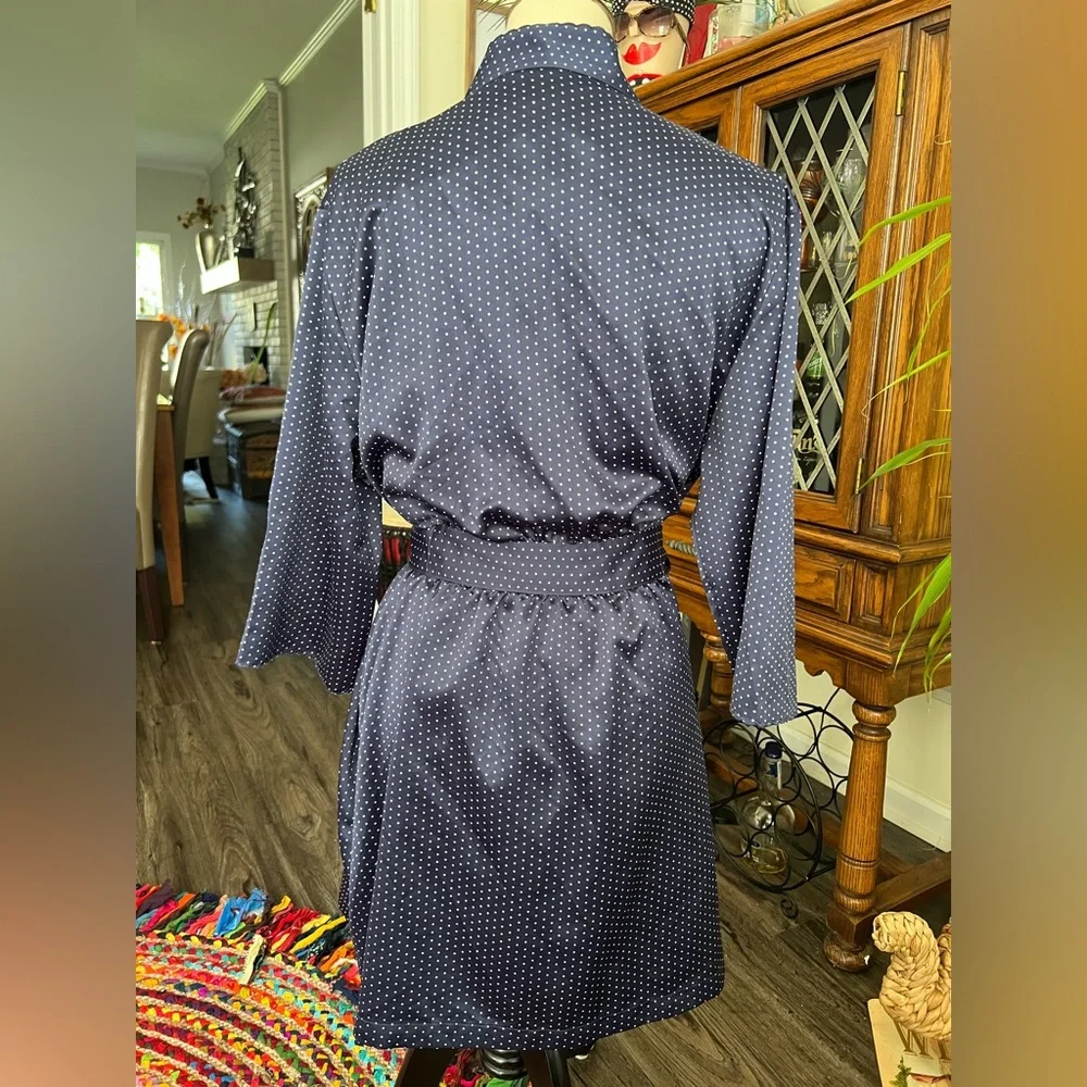 CABERNET Navy Polka Dot 3/4 Sleeve Short Belted Wrap Front Bathrobe